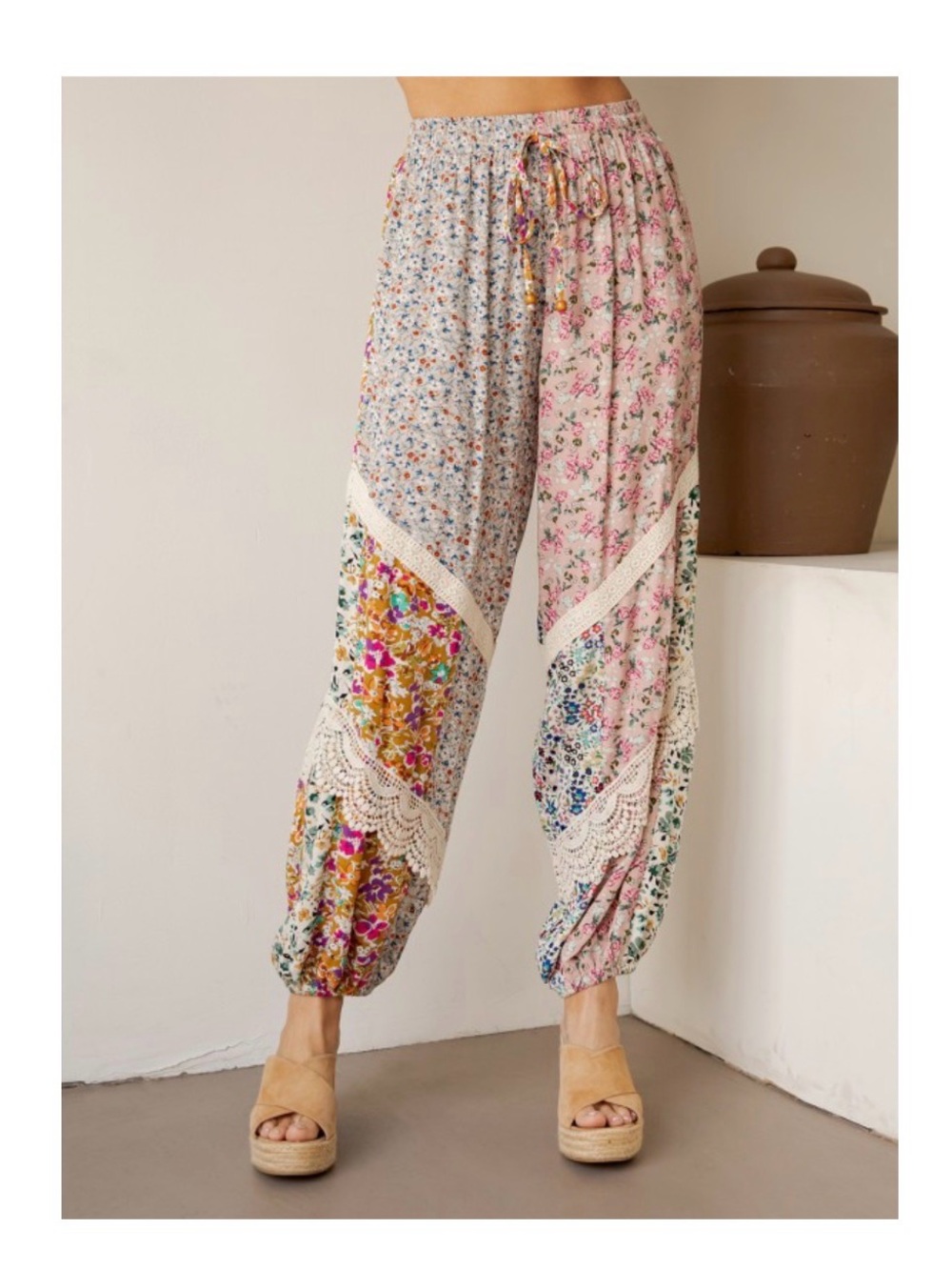 Young Threads Floral Patchwork Lace Harem Pants S Drawstring Boho NWT